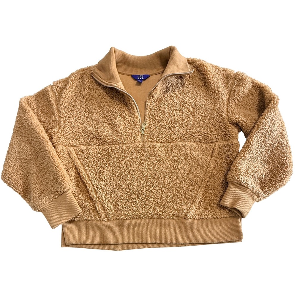 JoyLab Pullover Women M Brown Sherpa Faux Fur Quarter Zip Kangaroo Pocket Cozy